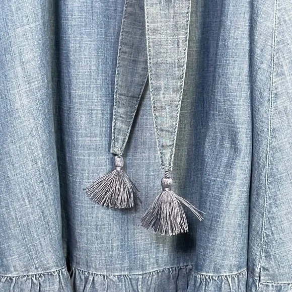 Talbots Denim Dress Women Size 4 Blue Sleeveless Chambray Tassel Belt Ruffle Hem - Picture 6 of 9